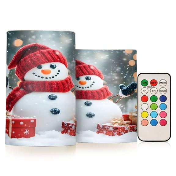 ALAZA Snowman and Christmas Gifts 2 PCs LED Flickering Flameless Candles with Remote Timer Battery Operated Candle