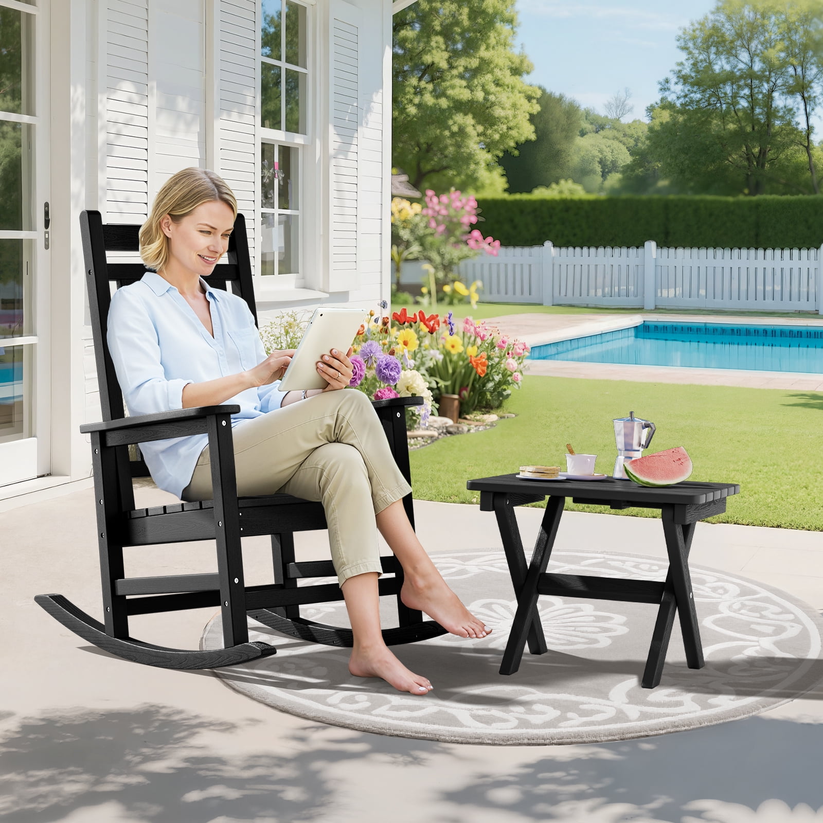 SERWALL Outdoor Small Folding Side Table, HDPE All Weather Adirondack End Table, No Assembly Required, Black