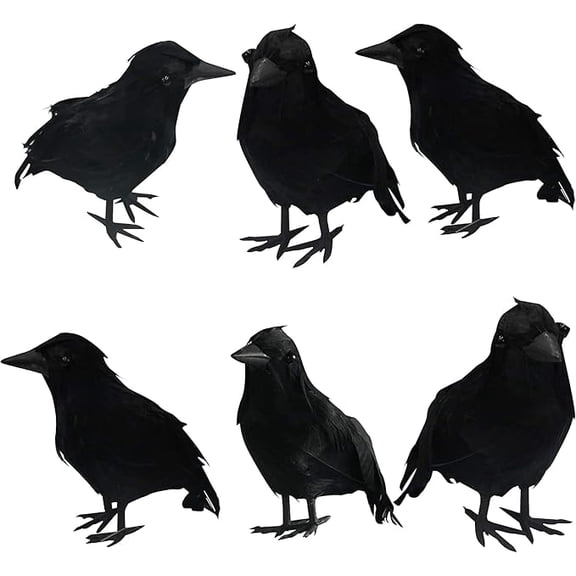 6 Pack Halloween Birds - Realistic Black Feathered Crows, 5.1" from Beak to Tail Feathers, Halloween Decoration Props for Outdoor & Indoor, Party Supplies, Haunted House, Graveyard Displays