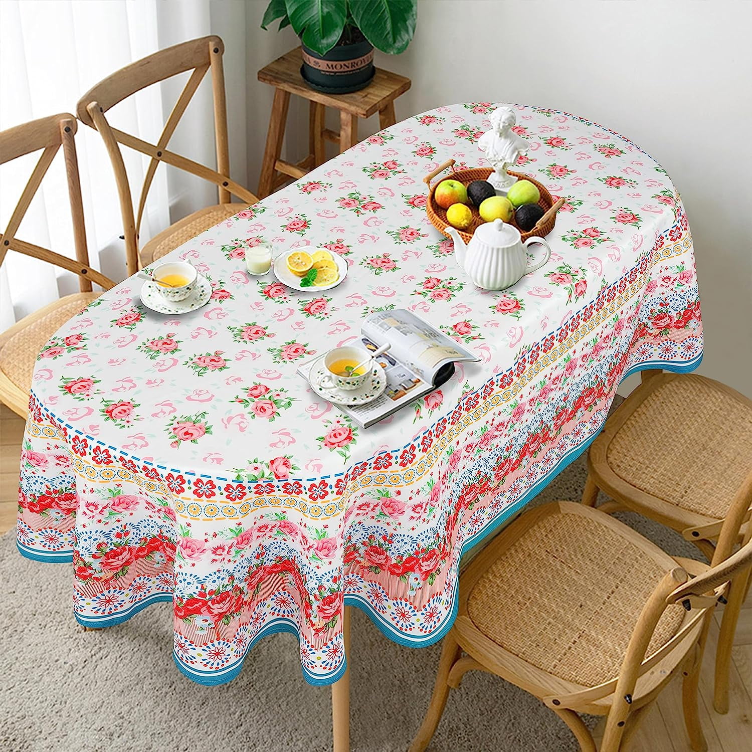 Pioneer Design Ladies Dishes Tablecloth, Floral Table Cloth, Vintage Tablecover for Oval Tables 60 x 84, Perfect for Kitchen Dinner, Restaurant, Holiday Picnic Party Table Cover