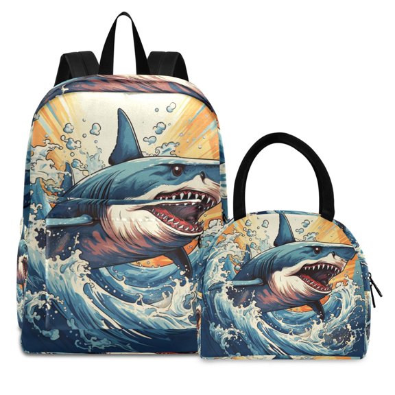ALAZA Backpack Set Shark in Ocean Elementary School Bags Student BookBag with Lunch Bag