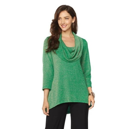 SLINKY BRAND 3/4-Sleeve Cowl Neck Sparkle Sweater EMERALD Size L