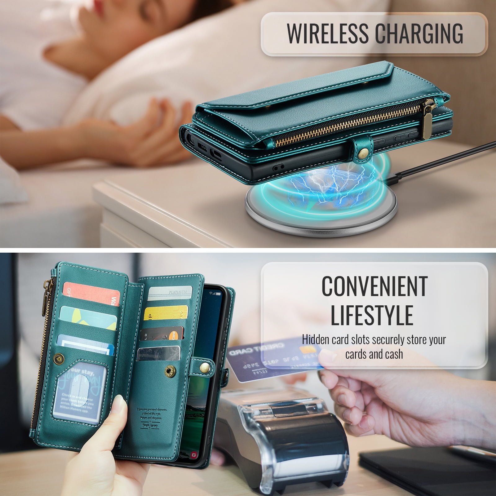 Compatible with Samsung Galaxy S24 FE 5G Zipper Wallet Phone Case Tempered Glass Screen Protector Crossbody Lanyard Strap Flip Card Holder Slot Cell Cover for S 24 EF AI S24FE 24S Women Girls Green