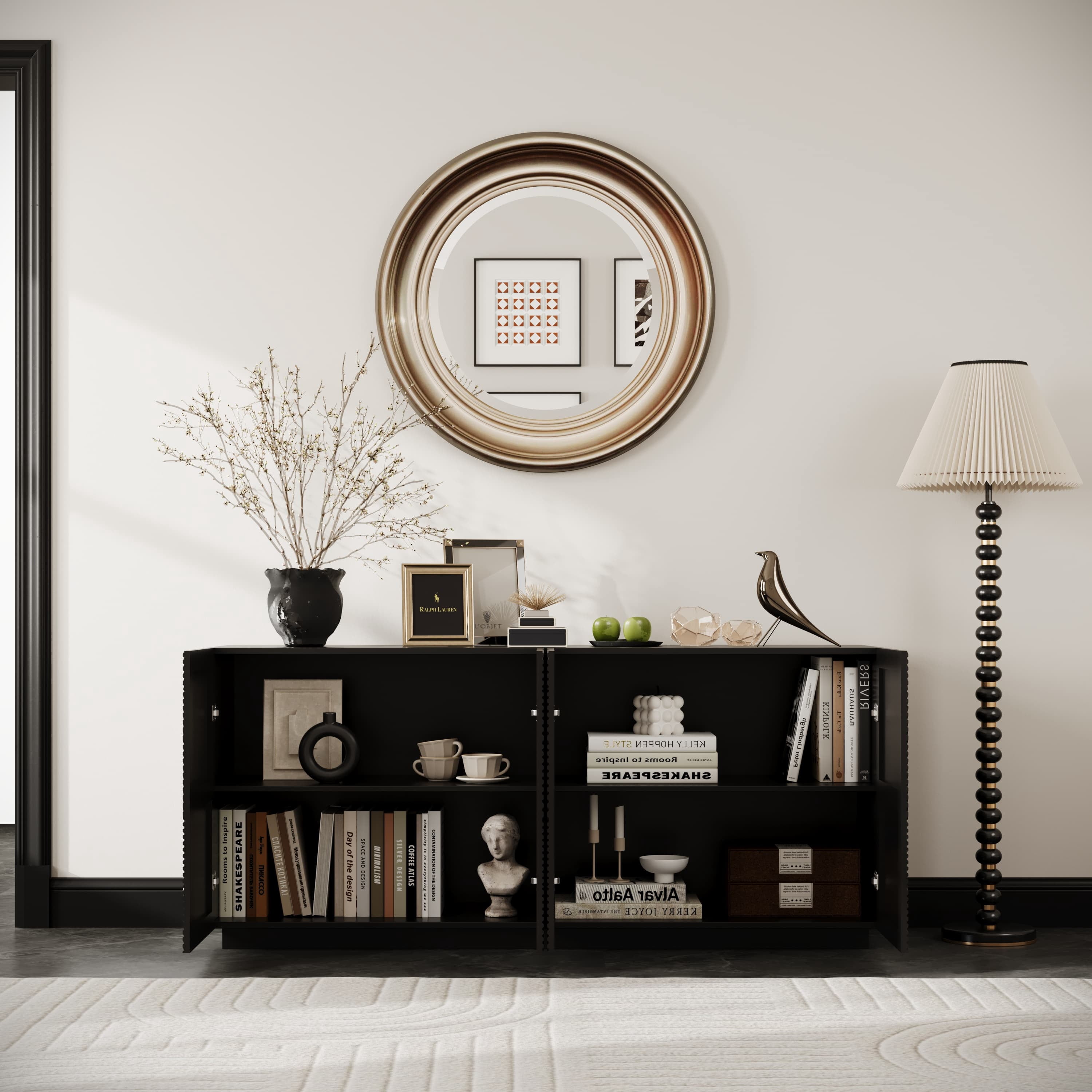 Aukfa Modern Water Ripple Sideboard Cabinet,Coffee Bar TV Console for Dining Room/Kitchen/Living Room,Black
