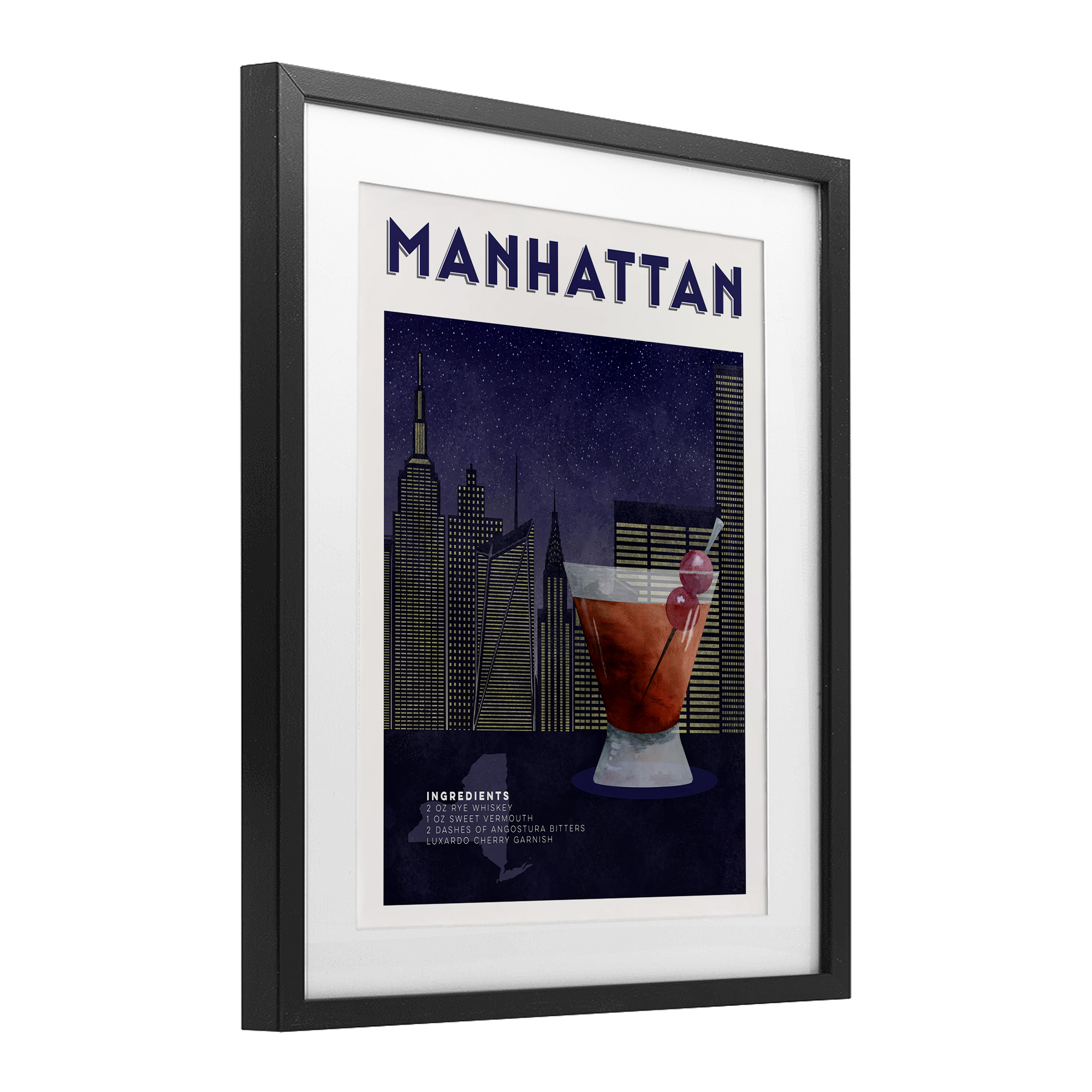 Retro Manhattan Cocktail Cityscape Black Framed Print Under Glass, design by Brett Blumenthal