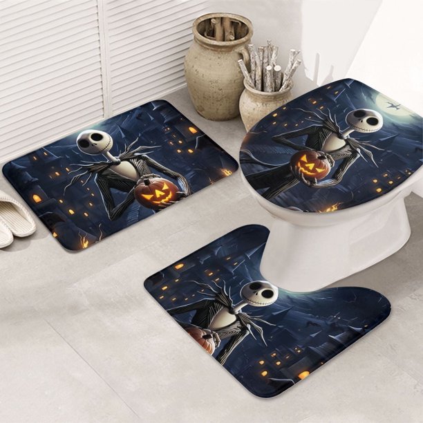 Juego de 3 alfombrillas y tapetes de baño de franela de pesadilla antes de Navidad, alfombrilla de baño antideslizante extra gruesa y alfombrilla de inodoro con contorno en forma de U para el suelo