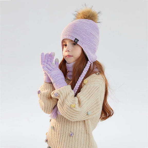 hengsof Children's Thick Knitted 3-Piece Set Beanie Hat Warm Gloves Earmuffs Toddler Winter Warm Hat