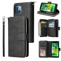 Feishell for Apple iPhone 13 (6.1 inch) Wallet Case for Women Men,Premium PU Leather Magnetic Clasp Zipper 9 Card Slots Folio Flip Holder Shockproof Purse Phone Case with Wrist Strap,Black
