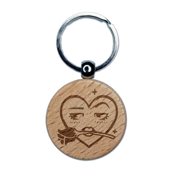 Flirty Heart Face with Rose in Teeth Mouth Round Keychain Charm Tag - Engraved Wood