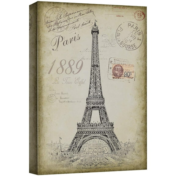 wall26 Canvas Print Wall Art Vintage Eiffel Tower Sketch with Typography Transportation Cultural Drawings Realism Chic Scenic Relax/Calm Multicolor for Living Room, Bedroom, Office - 12"x18&quot
