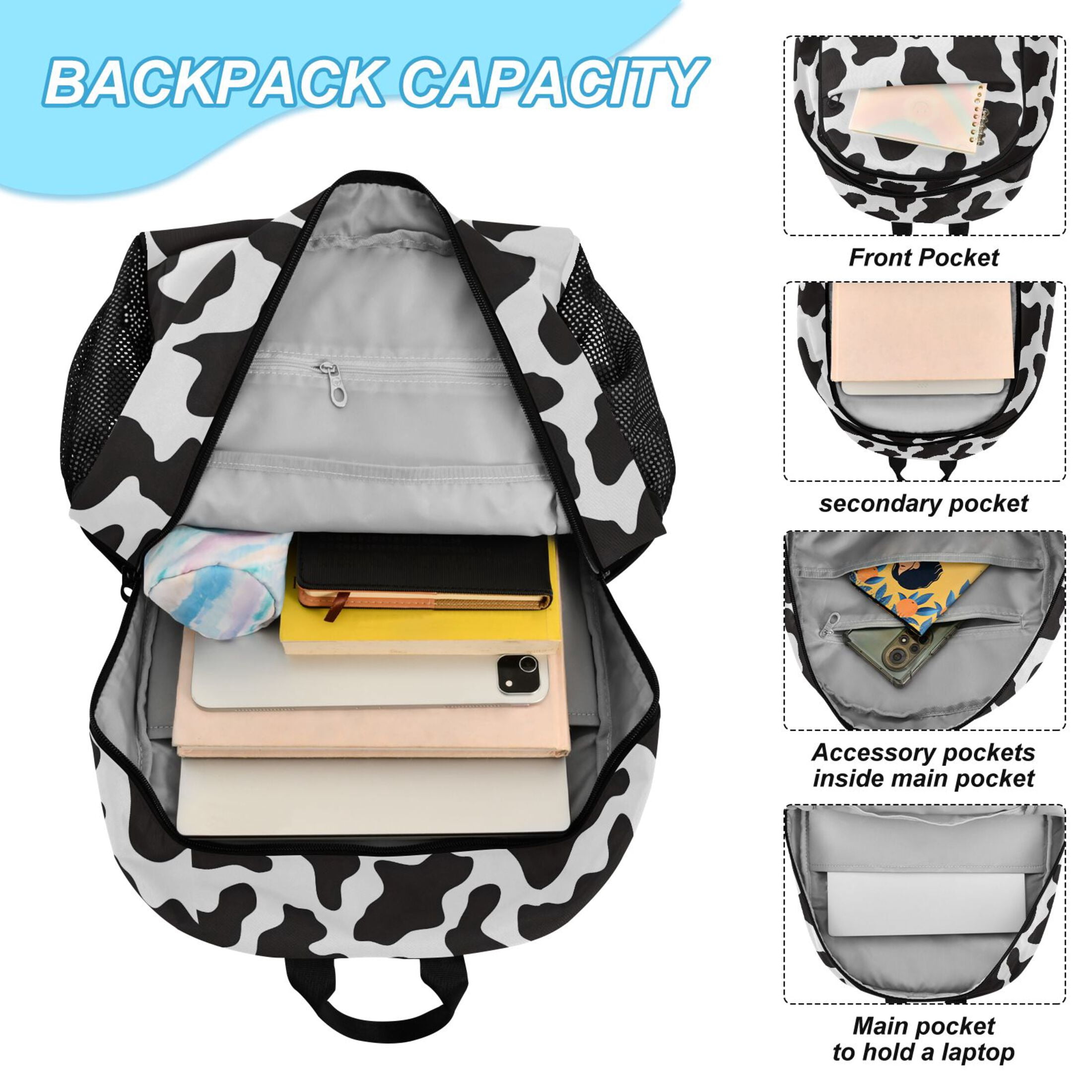 ALAZA Cow Print School Backpack Lunch Box Set Student Bookbag