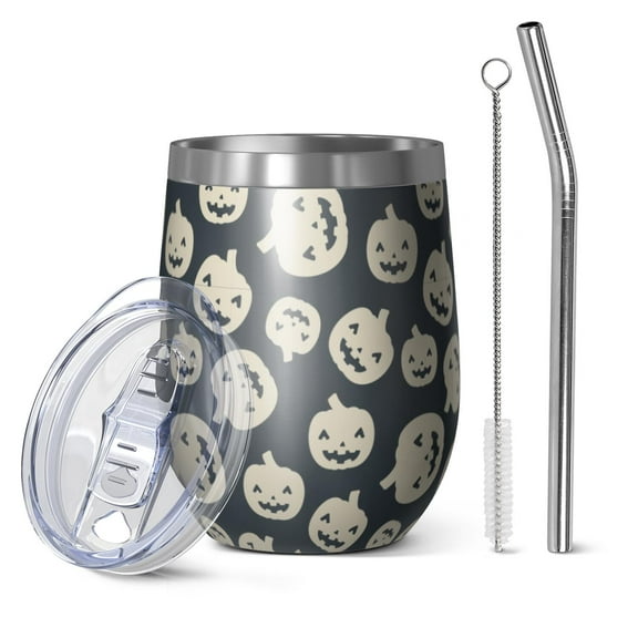 Halloween Pattern 12oz Stainless Steel Insulated Wine Tumbler with Lid and Straw – Double Wall Vacuum Mug for Hot & Cold Drinks, 304 Steel Interior, Sweat-Free Design. Trick or Treat !
