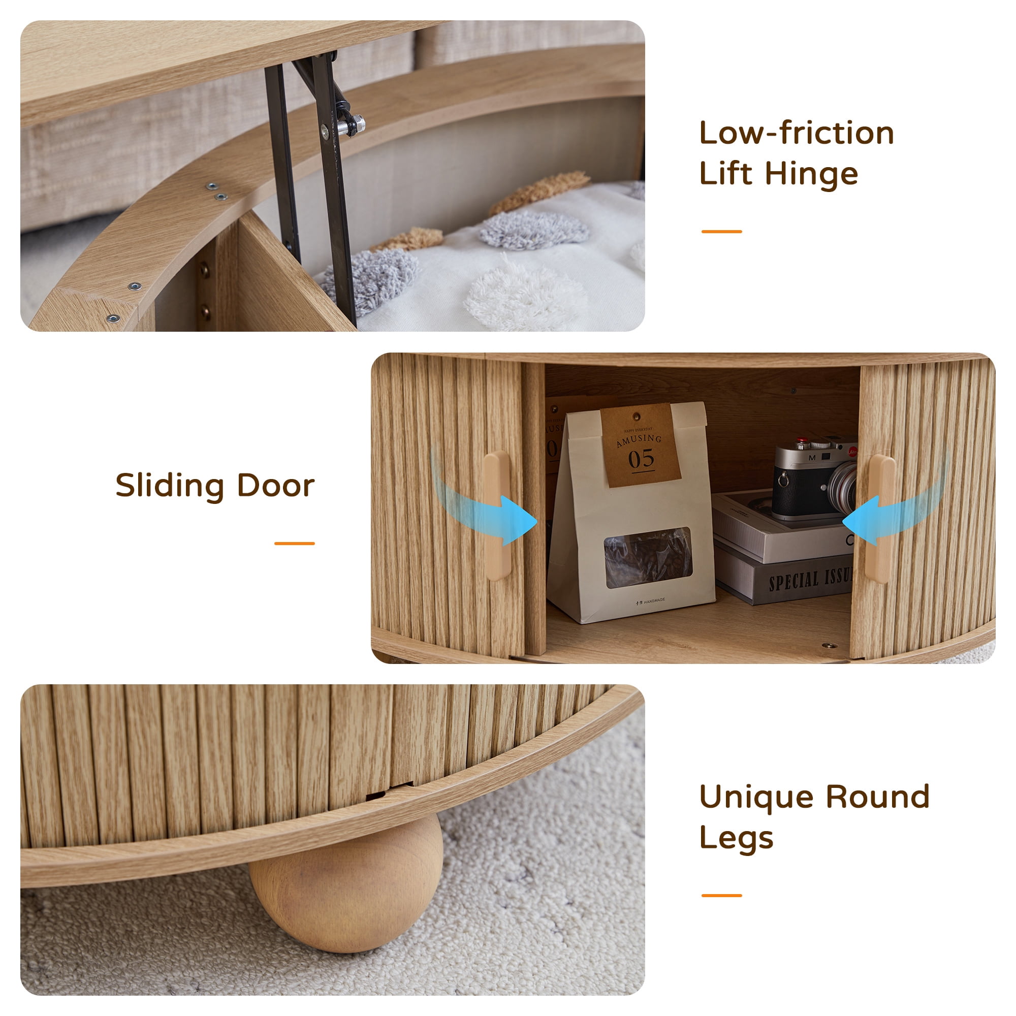 YOCWO Lift Top Coffee Table with Sliding Door and Round Leg, Fluted Round Coffee Table with Hidden Compartments Storage for Living Room, Natural