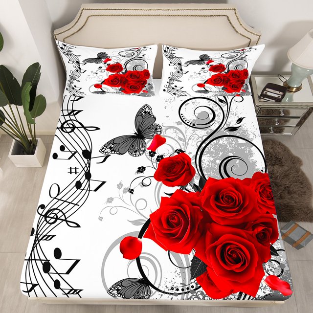 Erosebridal Drap-Housse Ajusté Rose Rouge Floral Papillon Simple, Ensemble de Literie Notes de Musique Mélodie Taille Simple, Ultra Doux 2 Pcs