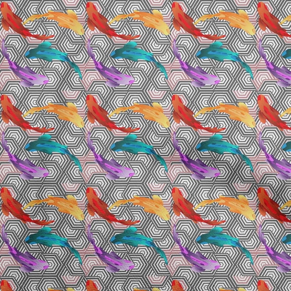 oneOonePolyesterSpandexRedFabricAsianJapaneseKoiFishWithGeometricTextureCraftProjectsDecorFabricPrintedByTheYard56InchWide