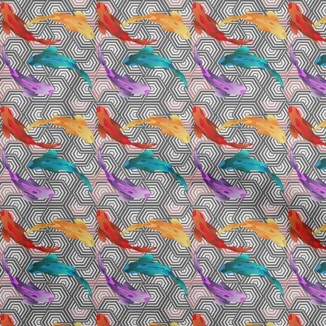 oneOone Polyester Spandex Red Fabric Asian Japanese Koi Fish with Geometric Texture Craft Projects Decor Fabric Printed by The Yard 56 Inch Wide