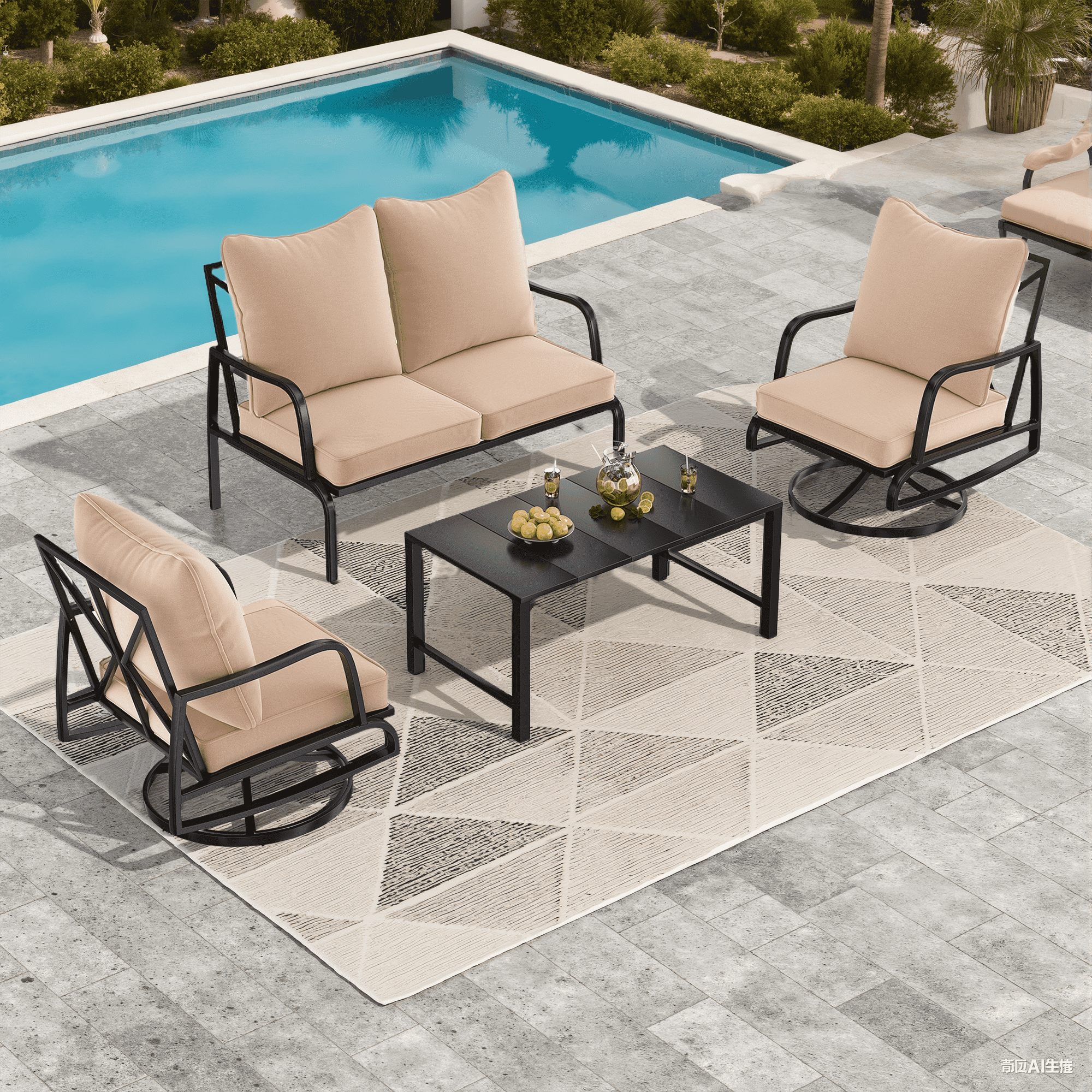 MAYEERTY 4-Piece Metal Frame Outdoor Patio Set with 2 Swivel Chairs, 1 Loveseat, and 1 Coffee Table