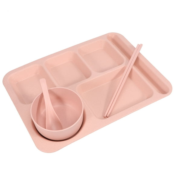 1 Set Creative Wheat Straw Bowl Exquisite Dinner Tray Drop-Proof Rice Dishes Separate Plates Cutlery Set (Pink)