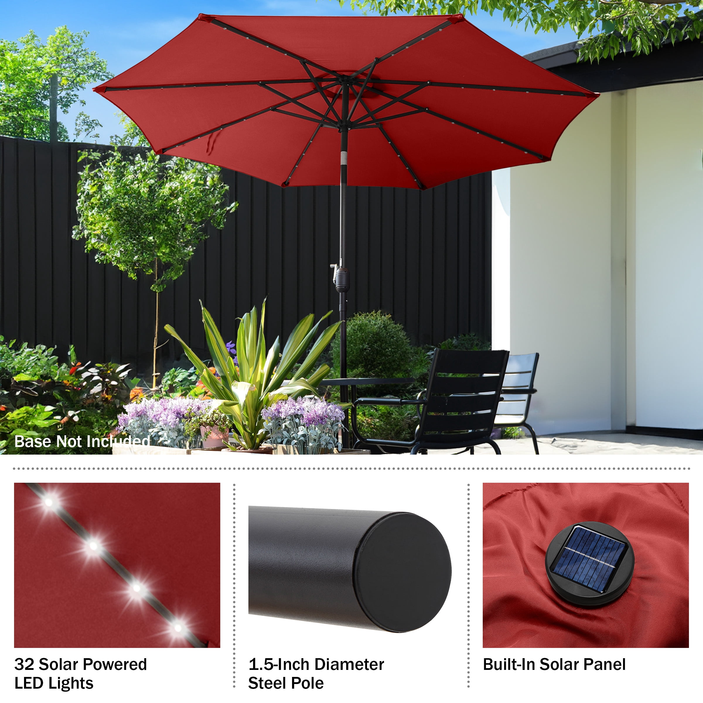 Villacera 9FT Outdoor Patio Umbrella with Solar Lights and Tilt, Red