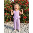 thumbnail image 6 of BemeyourBBs Toddler Baby Girl Summer Clothes Infant Baby Girl 2 Piece Summer Outfit Casual Striped Ruffled Hem V Neck Sleeveless Tank Tops and Wide Legs Pants 2 Pcs Set, 6 of 9