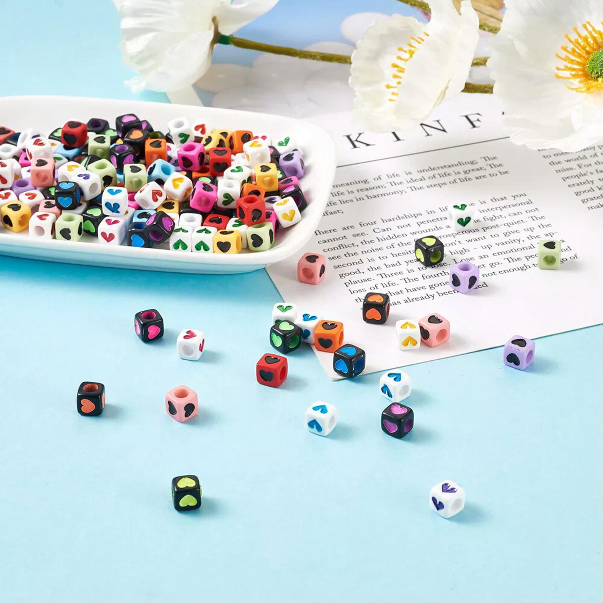 EOEMY 450Pc 7mm Cube With Heart Opaque Acrylic Large Hole Beads Pony Loose Spacer Bead