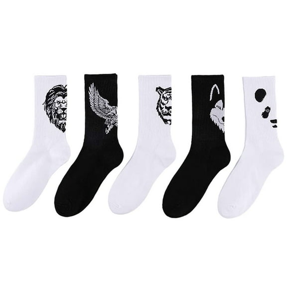 JSEMOY  Crew Black and White Animal Pattern Cotton Blend Socks, 5 Pack