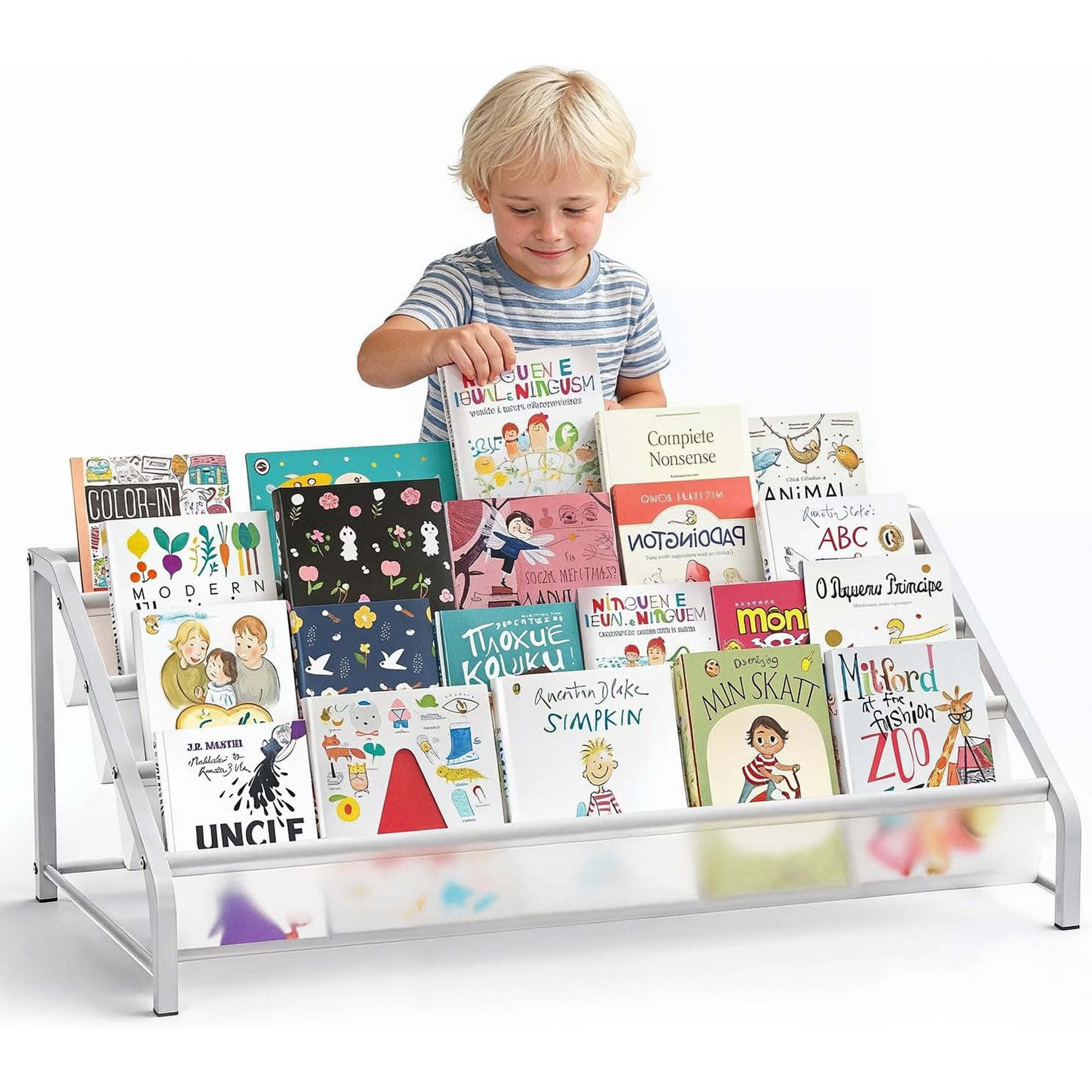 High-Transparent 4 Tier Kids Bookshelf, Sturdy Metal Large Size Book Rack Storage for Kid - Toddler Book Shelf Display for Nurasery, Playroom or Kids Room, Bookshelf Hold More Books