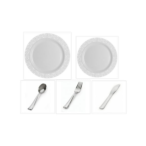 Inspiration White with White Lace Border 10" Dinner Plates   7" Salad Plates   Cutlery *Case of 120*