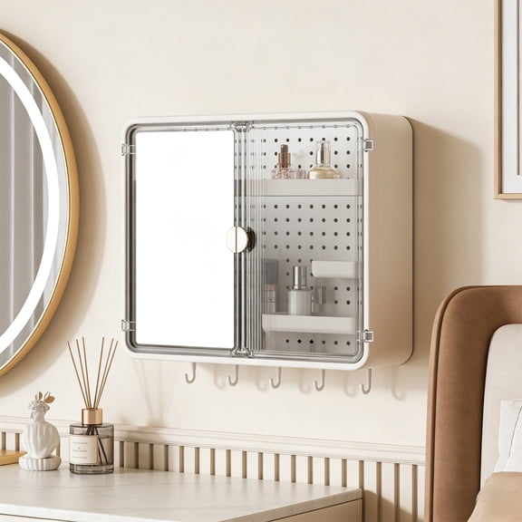 No Drill Bathroom Cabinet Wall Mounted, Double Door Clear Storage Organizer with Pegboard Hooks, Water Resistant Wall Cabinet for Vanity Organization and Home Storage(White)