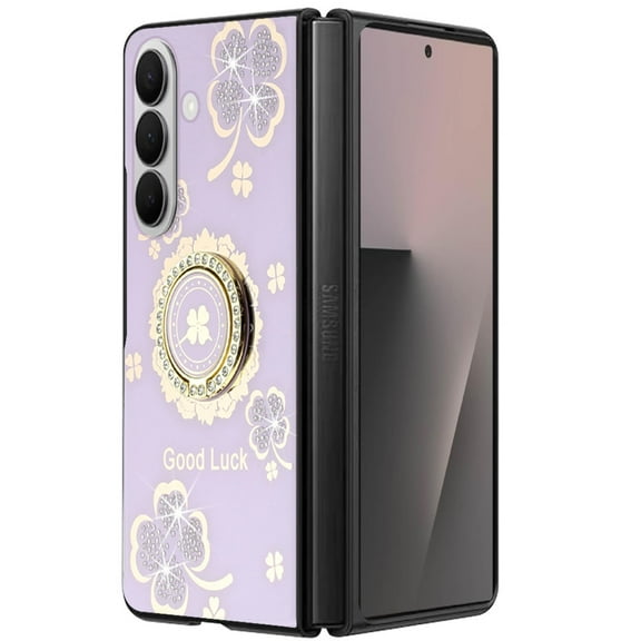 For Samsung Z Fold 7 SPLENDID Diamond Glitter Ornaments Engraving Case Cover - Good Luck Floral Purple
