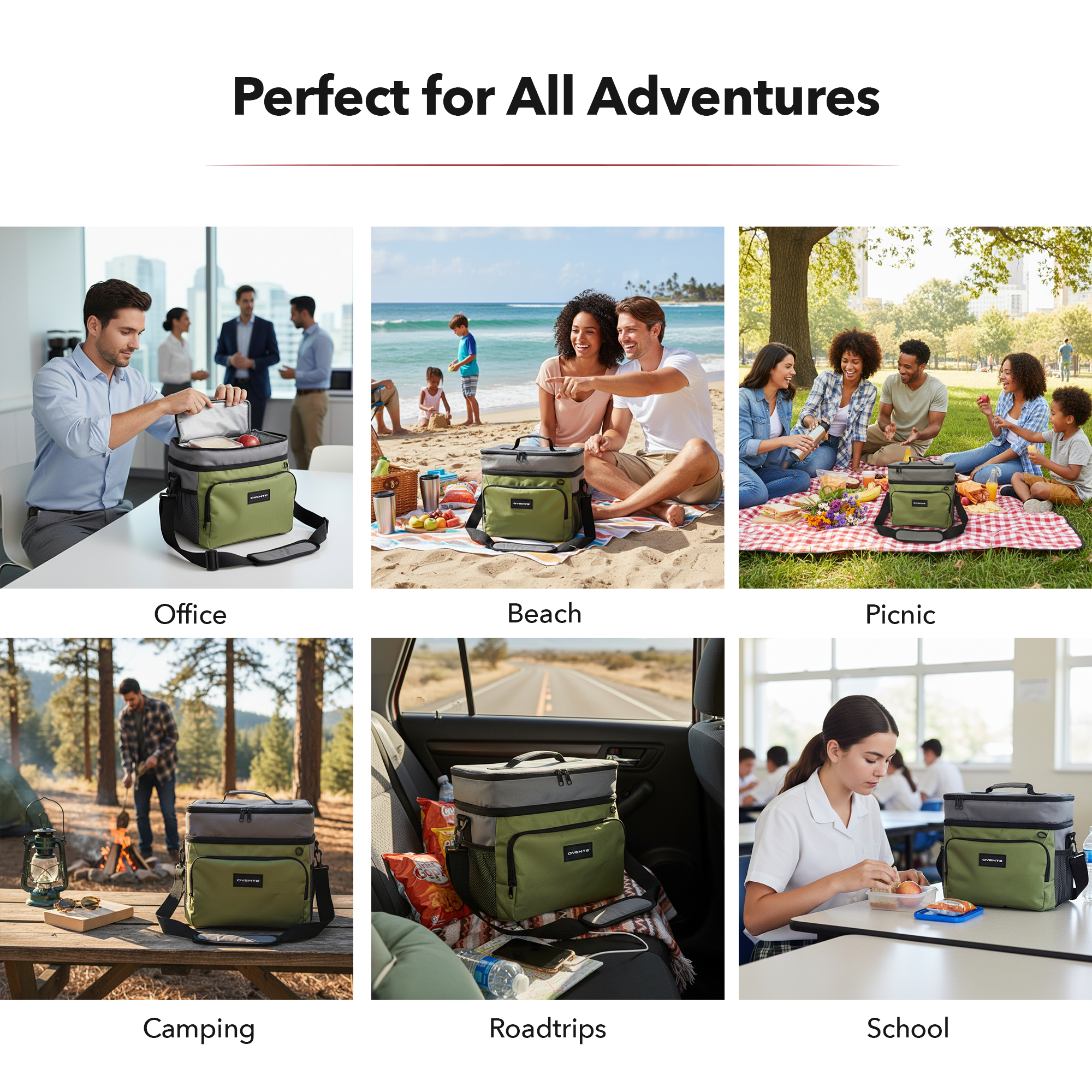 OVENTE Collapsible Soft Cooler Bag, Insulated Lunch Bag with Double-Deck Leakproof Compartments, Waterproof Exterior, Portable for Work, Travel, Beach, Camping and Road Trips, Green CCBI024GG