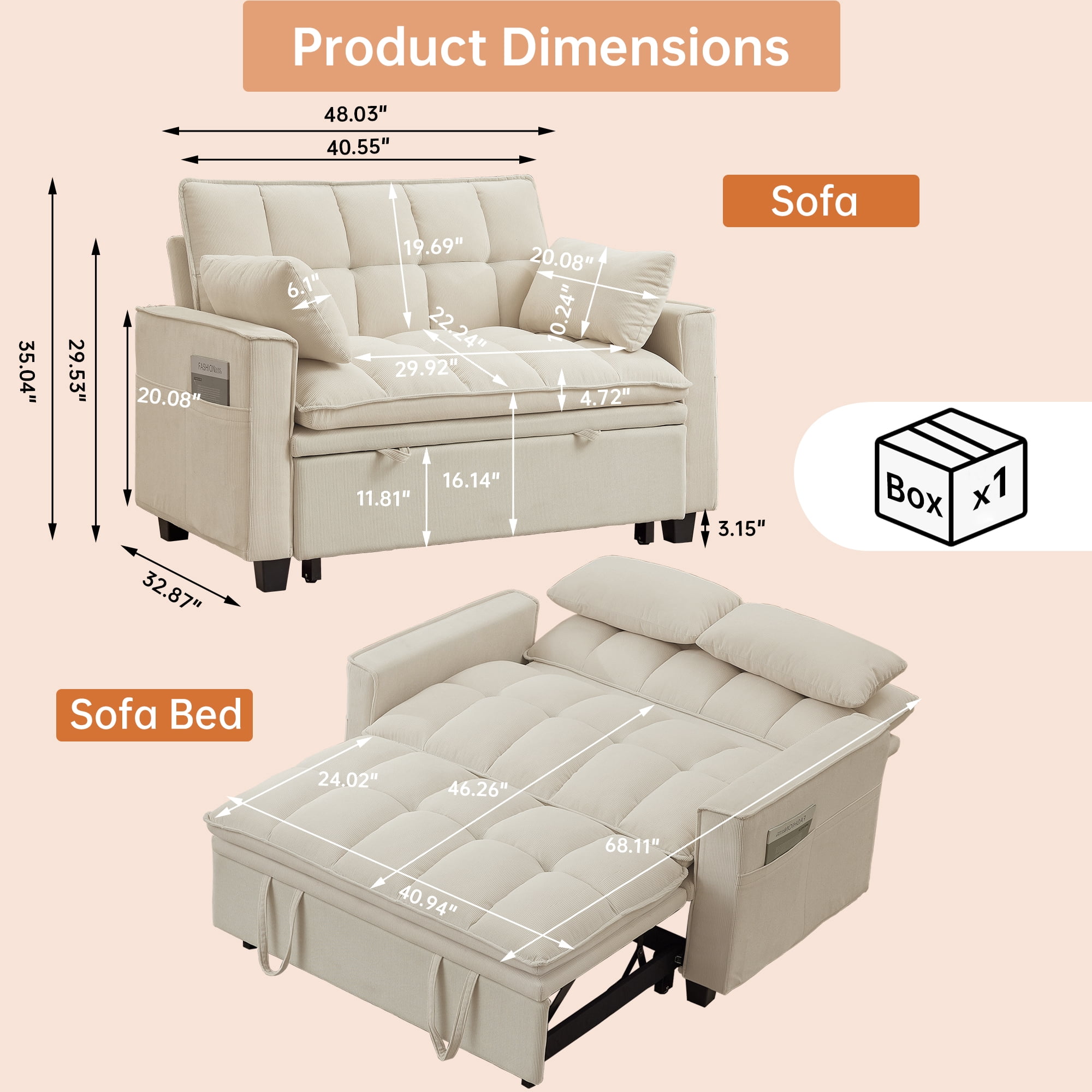 Soscana Convertible Sofa Bed Loveseat with Adjustable Backrest,3 in 1 Sleeper Sofa Pull Out Bed Reclining Couch with 2 Lumbar Cushions and Storage Side Pockets for Living Room,Apt,Office,Studio
