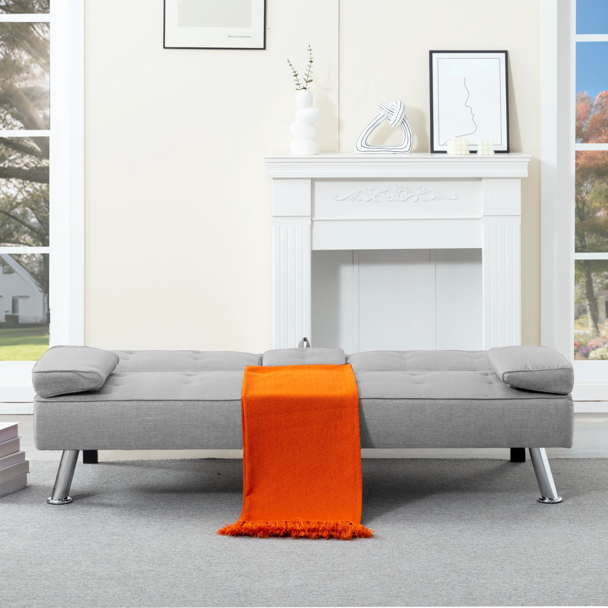BSHTI 69.49" Fabric Convertible Futon Sofa Bed with Drop-Down Console, 2 Cup Holders, 5-Position Backrest, Side Pocket for Living Room（Light Gray）