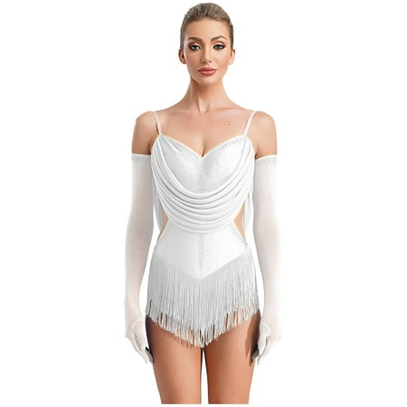 YUUMIN Women Latin Dance Dress Ballroom Cutout Fringed Bodysuit Salsa Cha-Cha Samba Rumba Dancewear Ivory XL