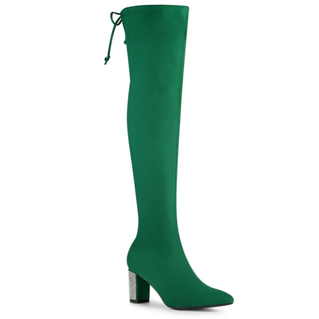 Unique Bargains Women's Chunky Heels Rhinestone Over the Knee High Boots Green (Size 9)