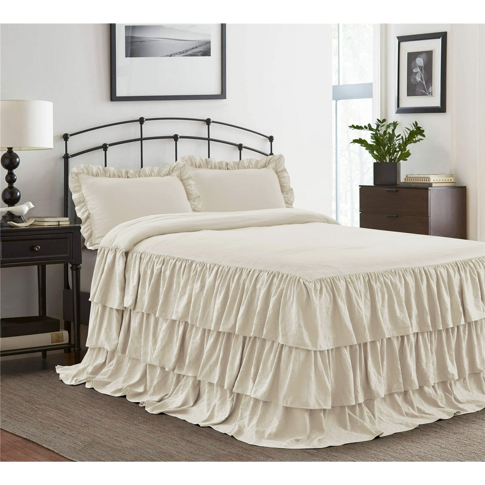 HIG 2 Piece Ruffle Skirt Bedspread Set Twin-Ivory Color 30 inches Drop ...