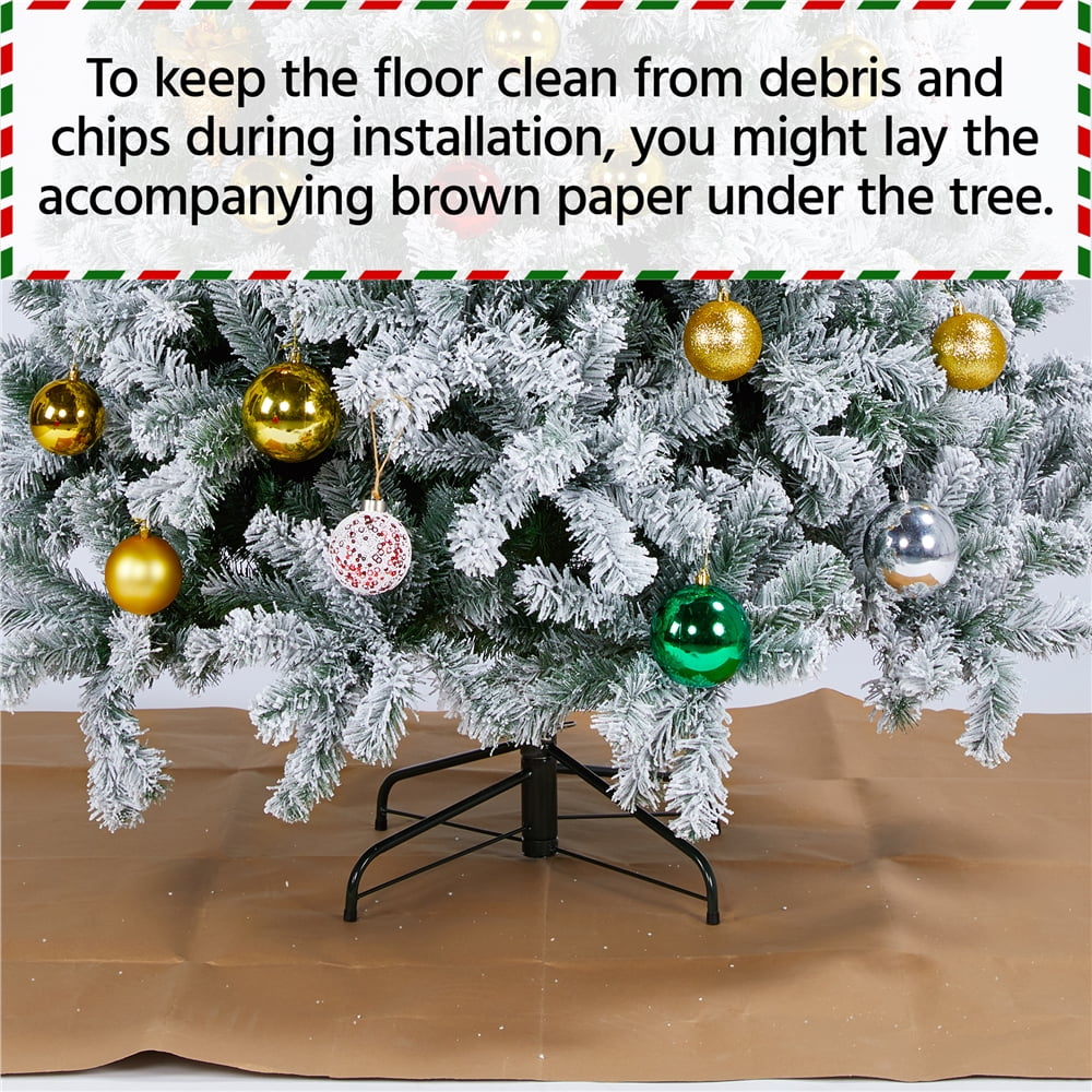 Easyfashion Clear Prelit Incandescent Green Snow Flocked Spruce Artificial Christmas Tree, 7.5'