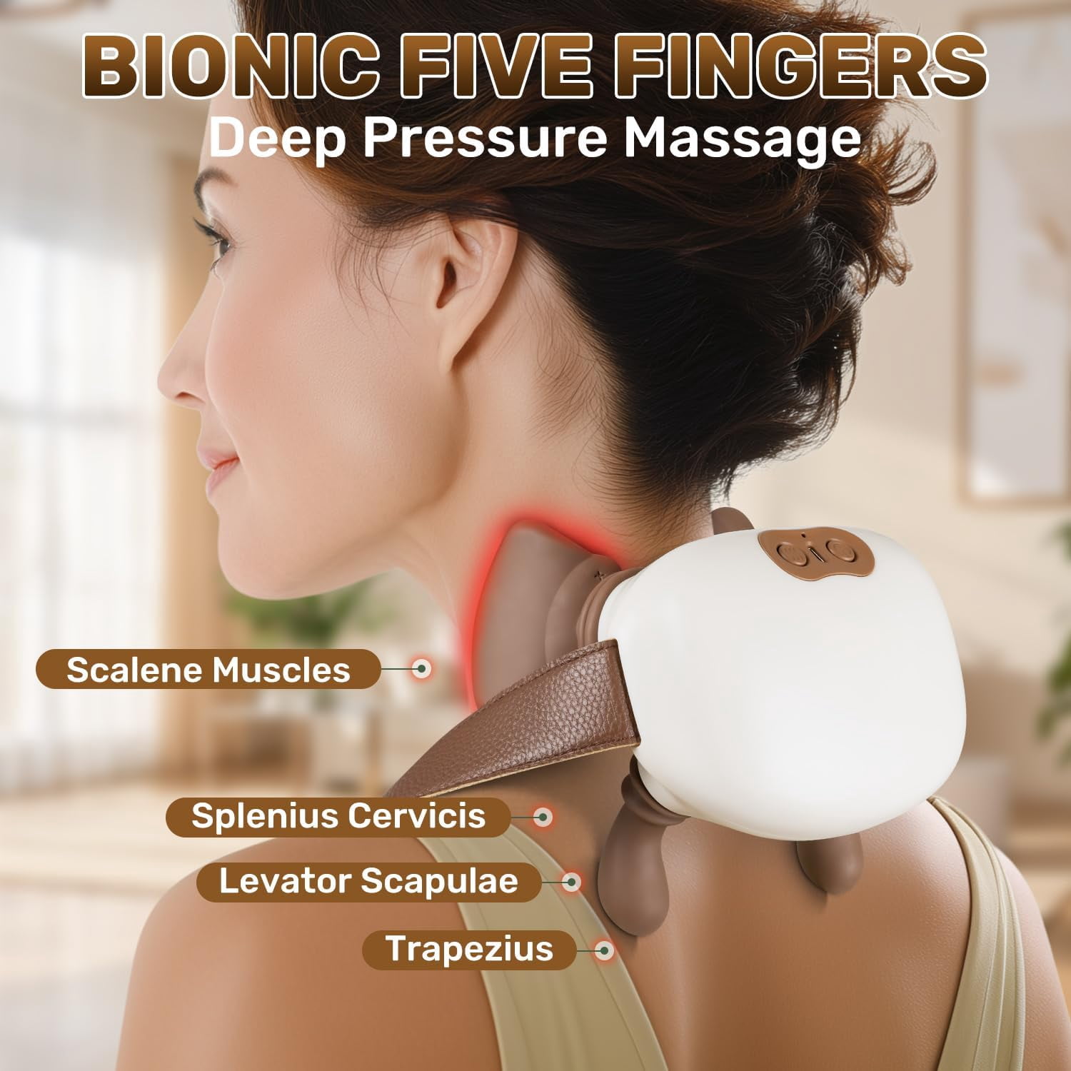 Bionic Heated Massager, Portable Shiatsu Neck and Back Massager, Electric Deep Tissue 4D Kneading Massage, Simulated Human Hand Design for Pain Relief and Muscle Relax (Beige)
