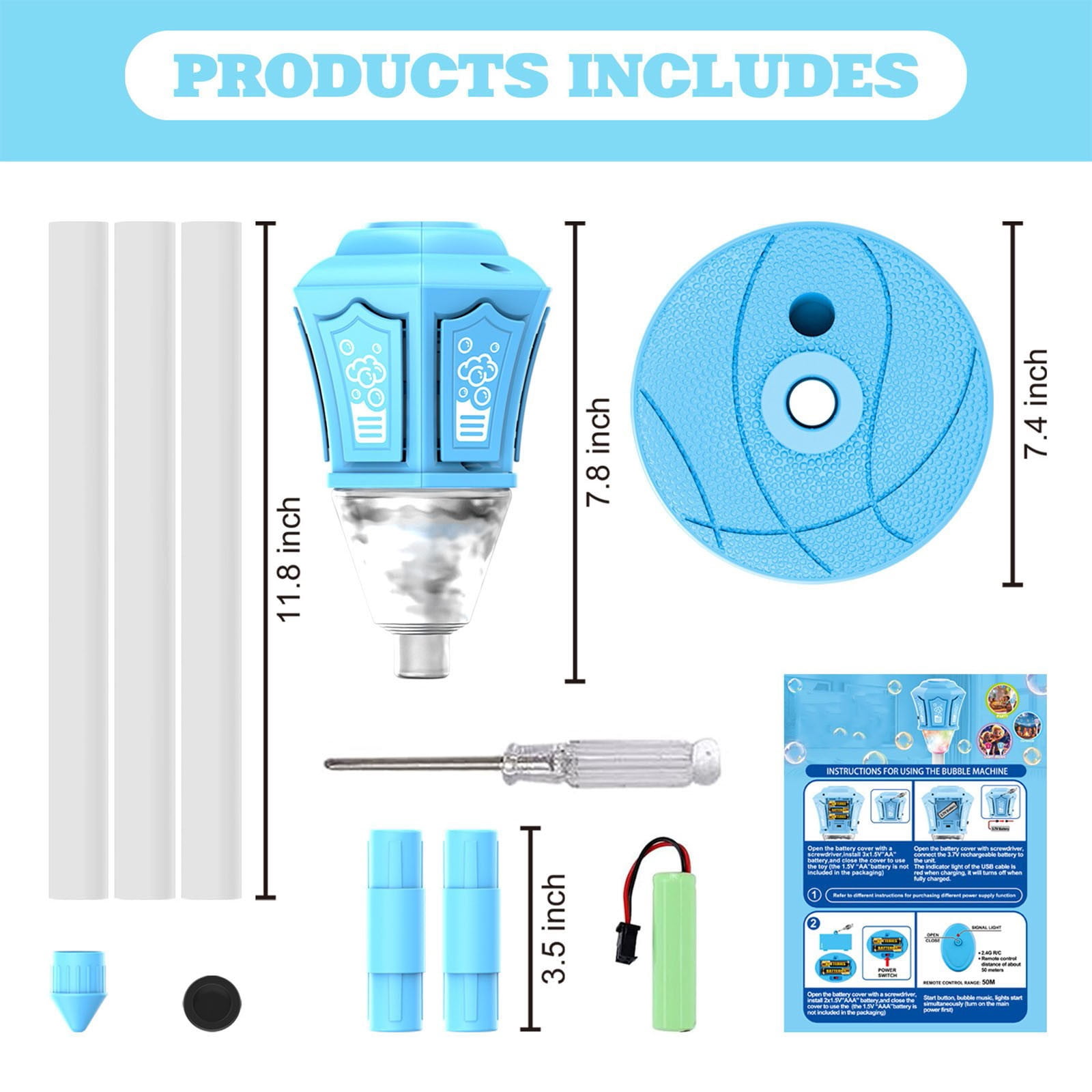 47" Rechargeable Automatic Bubble Maker with Light Music, 3-Level Adjustable Heights, Detachable Bubble Wand for Outdoor Party Wedding