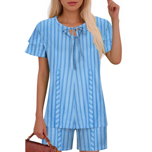 Ensembles de Pyjama pour Femmes 2 Pcs, Mode Décontractée pour Femmes Manches en Dentelle Imprimée Haut Décontracté Pantalon Ensemble de Pyjama