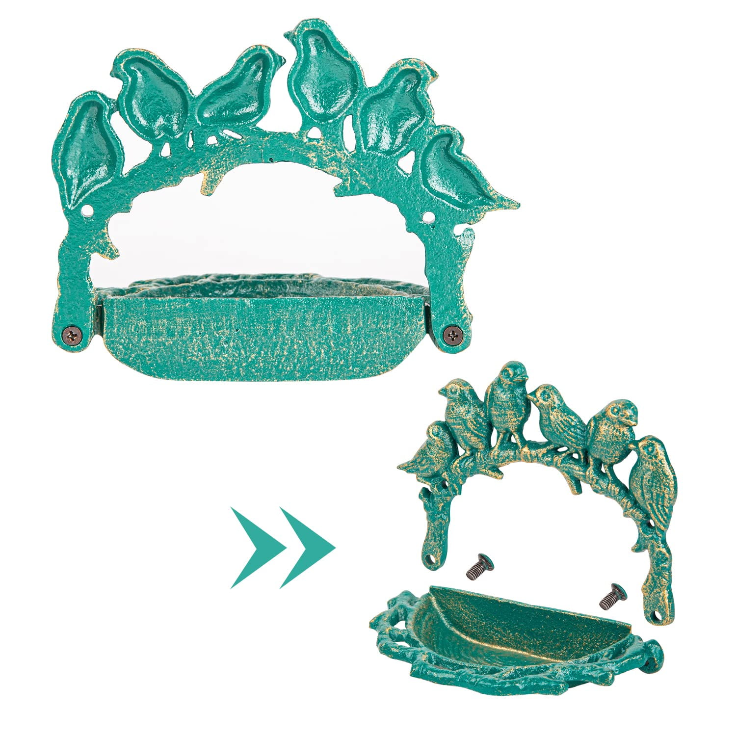 Sungmor Cast Iron Wall Mounted Bird Feeder, Cute Bird Decor Small Water Bath, Wall Hanging Fence Mount Bird Bath Feeder, Beautiful Green Birdfeeder for Garden Backyard Patio Wall Decoration
