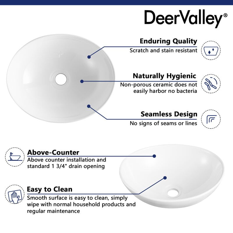 DeerValley DV-1V051 Vessel Sink Above Counter Bathroom Vanity Basin Bowl, High-gloss Oval Ceramic  in White