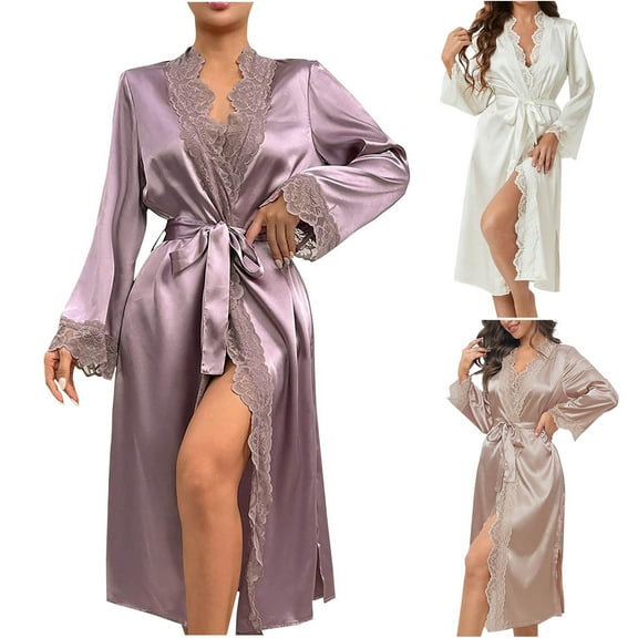 HVOBTTY Women's Lightweight Long Robe, Robes for Women, Fashion Women Solid Color Imitation Silk Lace Up Cardigan Long Nightgown Bathing Robe Khaki, L