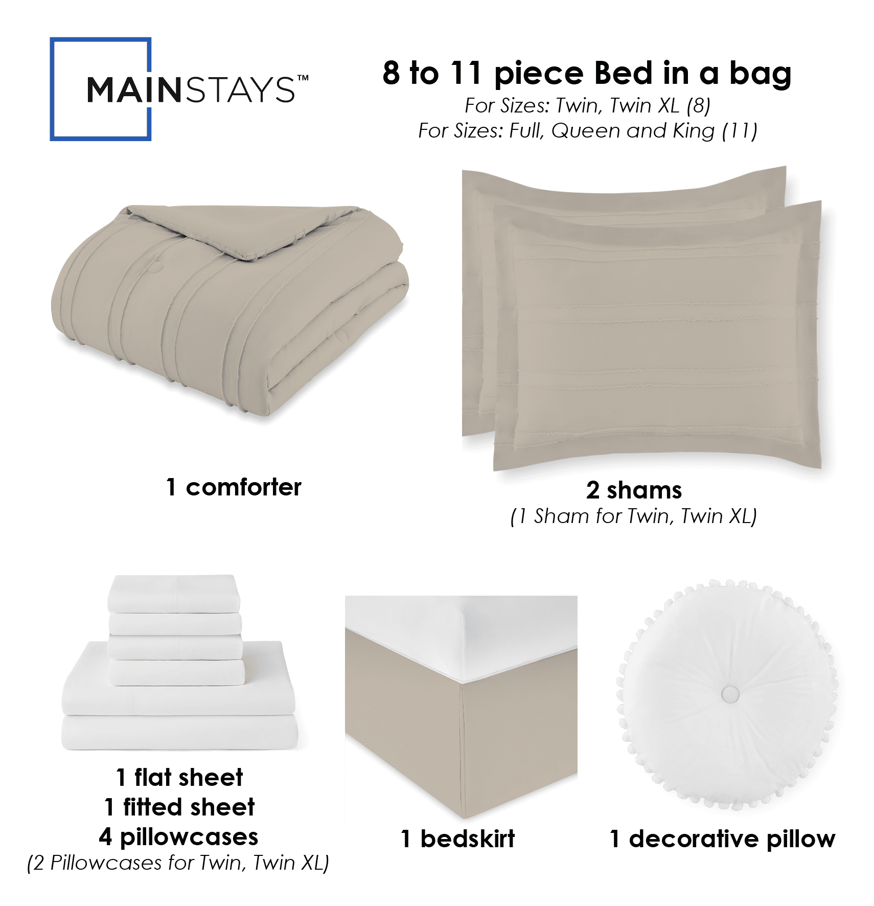Mainstays 8-Piece Bed in a Bag Comforter Set with Sheets, Tan Stripe, Twin/Twin XL, Unisex