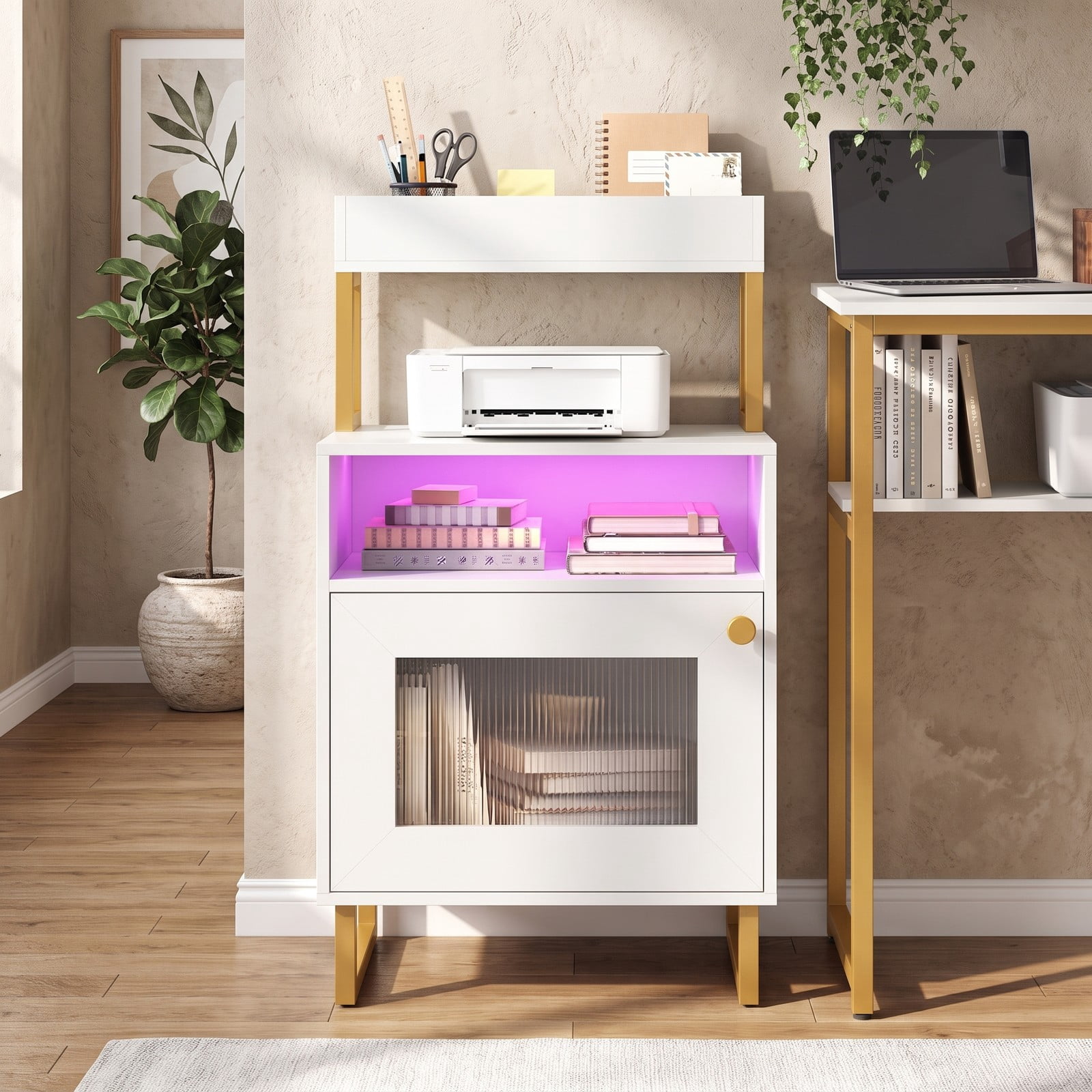 Furnibear Nightstand with LED Lights and Fluted Glass Cabinet Door plus Open Compartment and Raised Display Shelf for Bedroom and Living Room, White