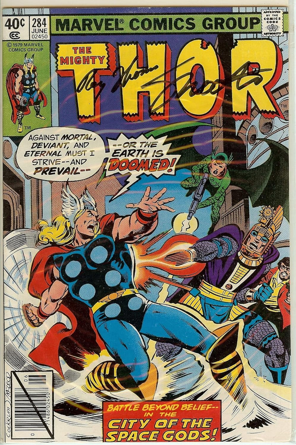 The Mighty Thor #284 VF/NM. Signed Jim Shooter Roy Thomas
