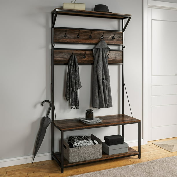 Belleze Entryway Hall Tree Coat Rack And Shoe Bench Blake Dark Walnut Com Belleze Entryway Hall Tree Coat Rack, How To Make A Coat Rack Bench