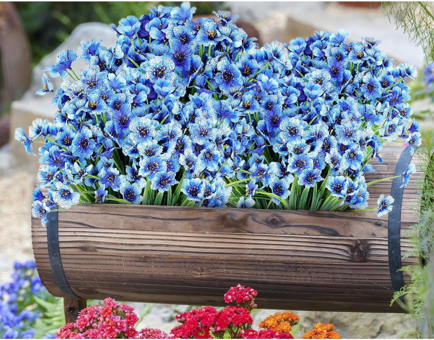 6 Bundles Artificial Flowers for Spring Decoration, Outdoor UV Resistant Fake Silk Flowers No Fade Faux Plastic Plants for Indoor Outside Window Box Porch Hanging Basket Decor (Blue-violet)