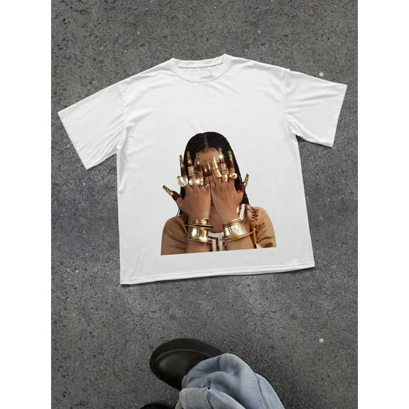 Women Round Neck Short Sleeve White T-Shirt, Portrait Graphic Printed Top, Suitable For Spring, Summer And Autumn