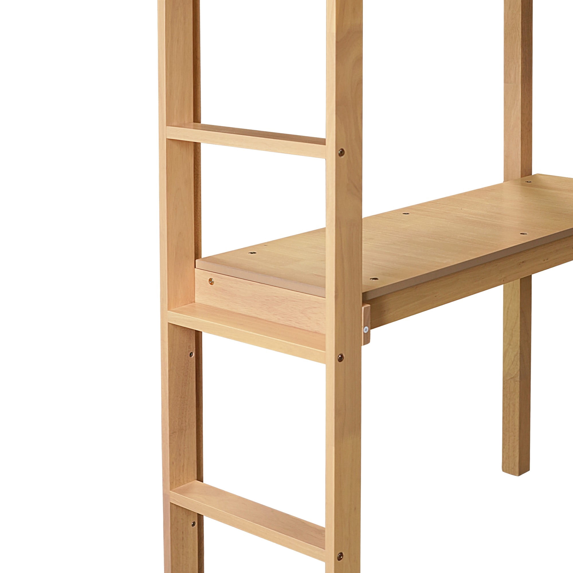 Aukfa Twin Loft Bed with Built-in Desk for Kids Teens Dorm, Rubber Wood, Safety Guard, Oak